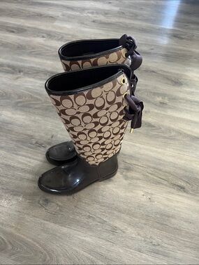 Coach Monogram Rain Boots in Brown and Tan